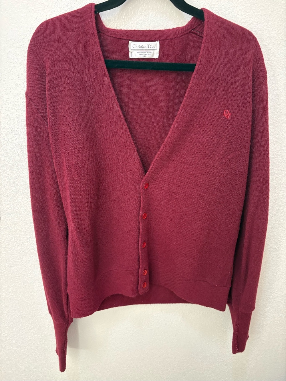 Vintage Christian Dior 100% Orlon Acrylic Monsieur Cardigan Sweater Red Medium